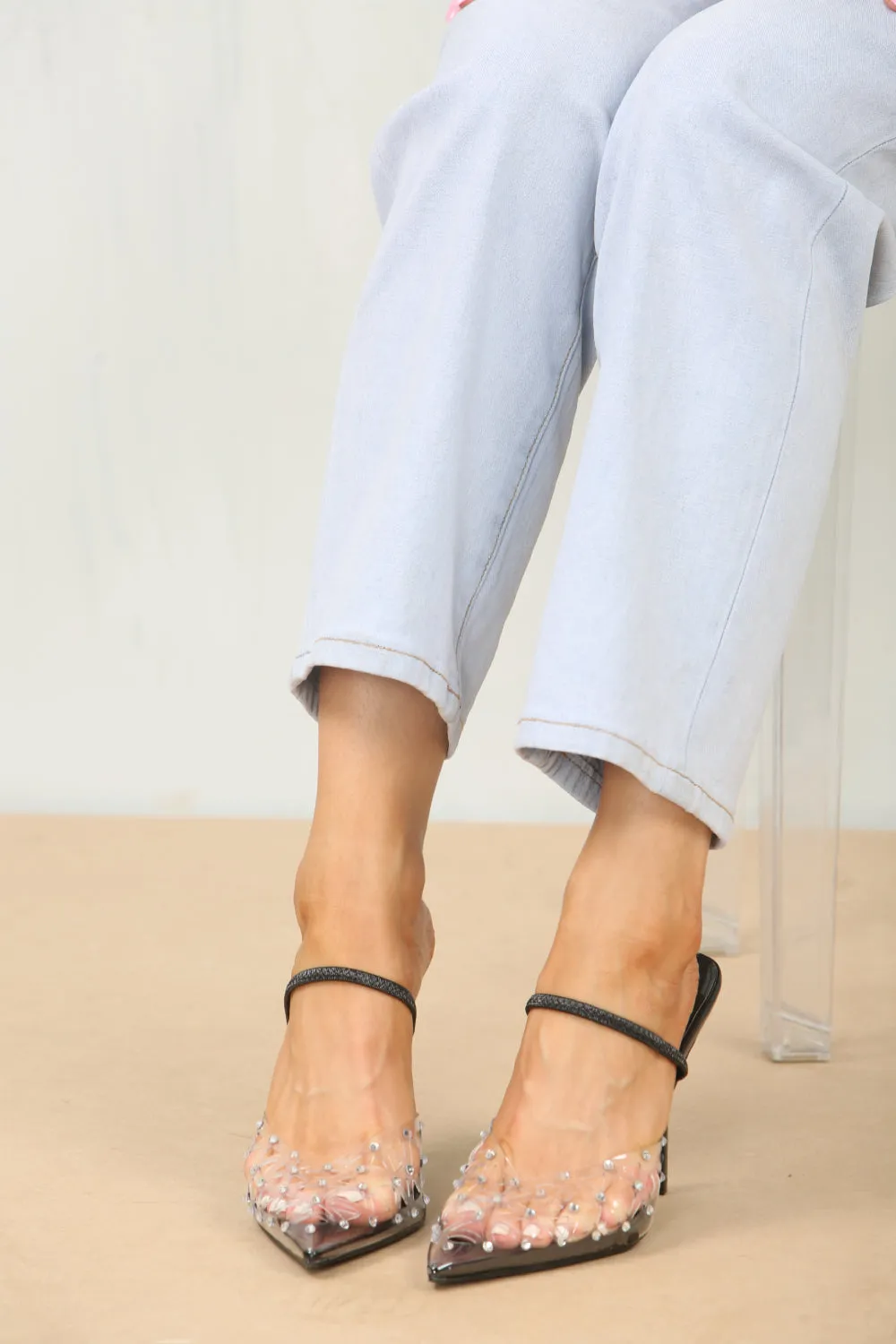 Black Diamante Detailed Perspex Slingback Heel