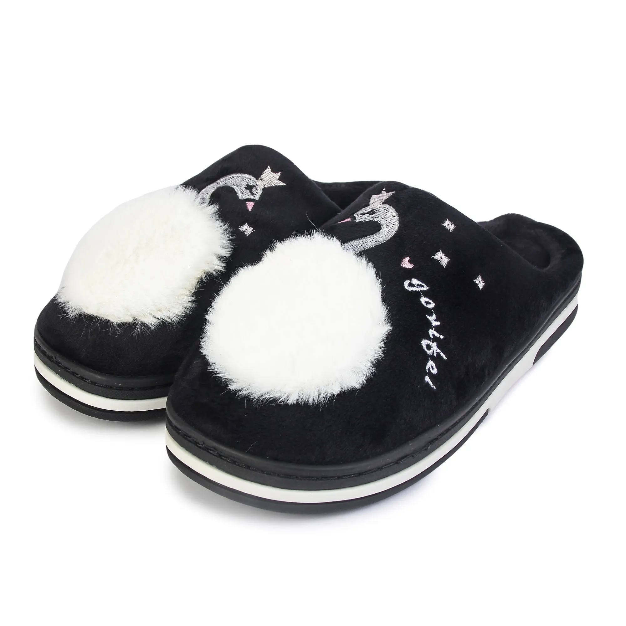 Brauch Women's Black Fur Swan Winter Slippers