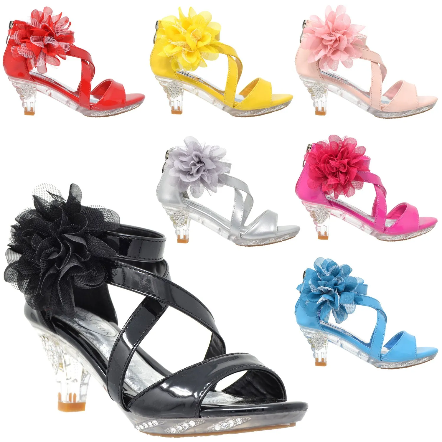 Generation Y Girls Rhinestone Flower Clear Heel Sandals